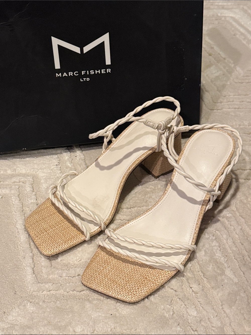 Marc Fisher Cream Braided-Strap Block Heel Sandals
